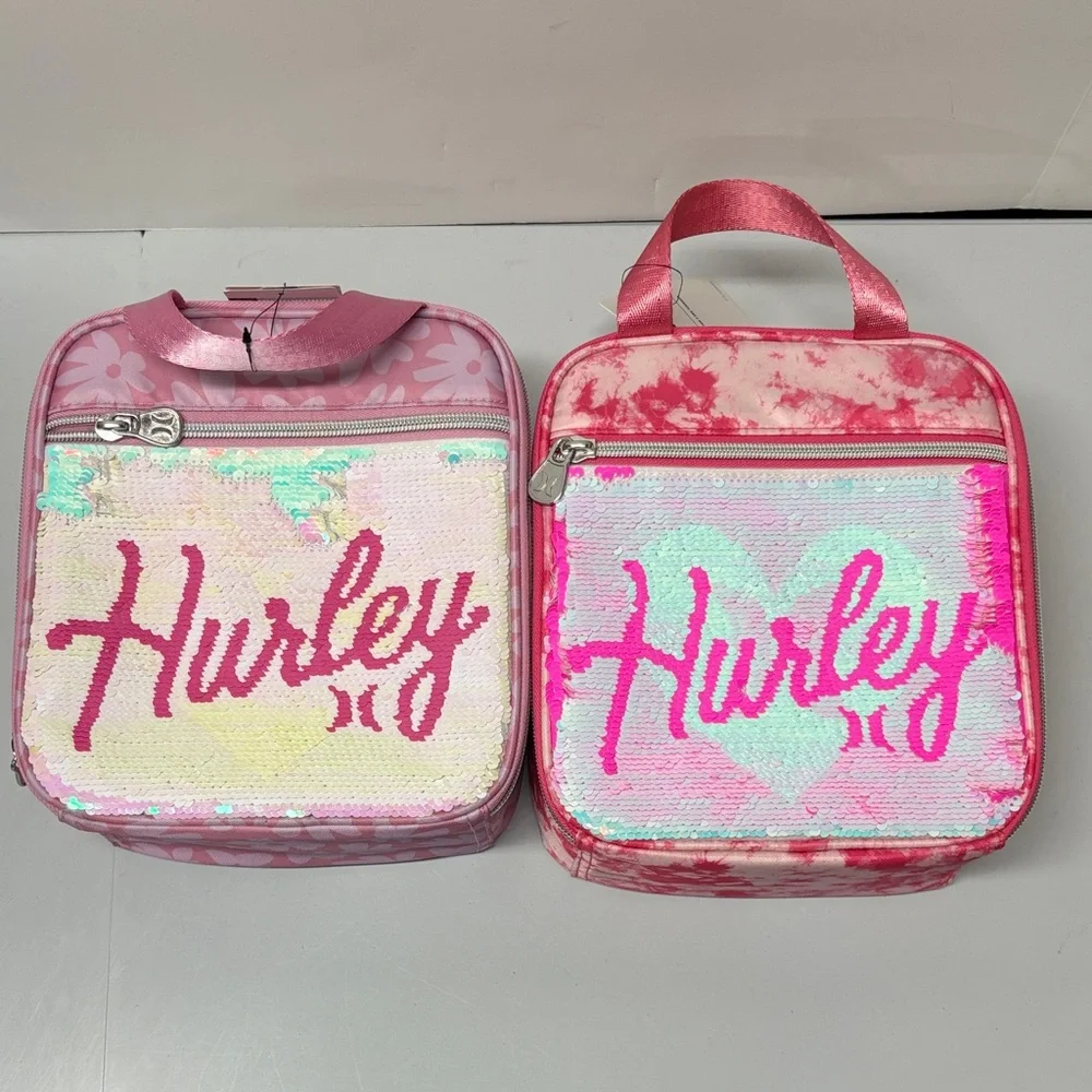 Set of 2 Hurley Lunch Box Tote Bags Flip Sequins Peony Pink Tie Dye NWT